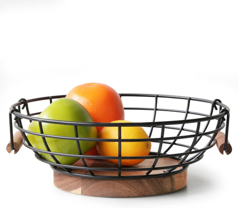 Black Wire Fruit Basket with Acacia Wood Base, Large Fruit Bowl for Countertop, Storage for Fruits, Breads, Vegetables