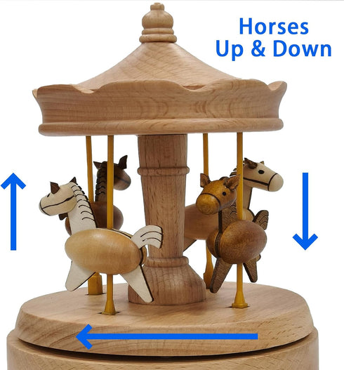 Briskfeel Wooden Carousel Music Box with Moving & Elevating Horses, Rotating Wind-Up Decor, Collectible Mechanical