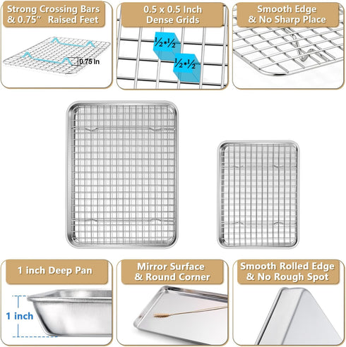 P&P CHEF 4 PCS Toaster Oven Pans Trays with Racks Set, Stainless Steel Small Baking Pan and Cooling Rack