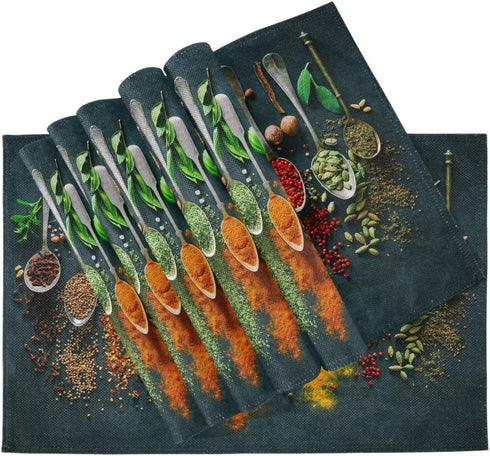 Cooking Herbs Spices Placemats Set of 4, Washable Non-Slip Heat Resistant Place Mats for Kitchen