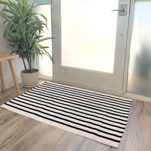 LEEVAN Black and White Striped Rug Doormat 24"x35", Washable Cotton Hand Woven for Entryway