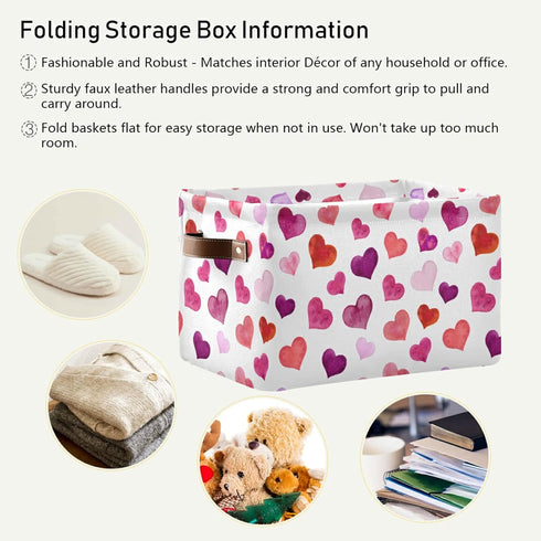 senya Valentines Storage Basket, Large Foldable Storage Basket with Handles, Pink Love Hearts Fabric Organizer Bag for