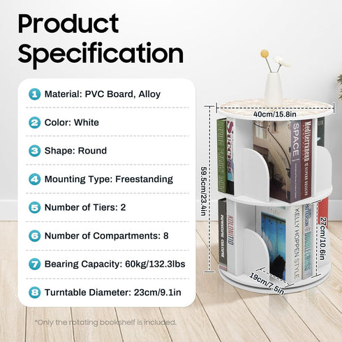 BJTDLLX 360 A4 2 Rotating Bookshelf, Freestanding Storage Shelf, Rotating White Bookshelf Round Bookcase Magazines