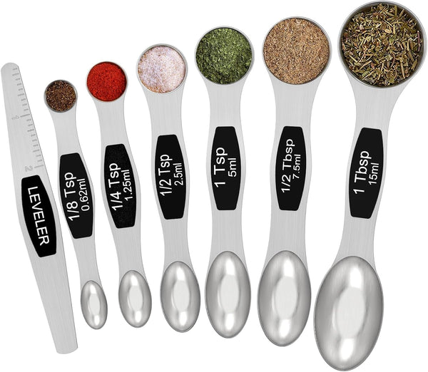 Magnetic Measuring Spoons Set - Wildone Stainless Steel Double Sided Set of 7 Black for Dry & Liquid Ingredients