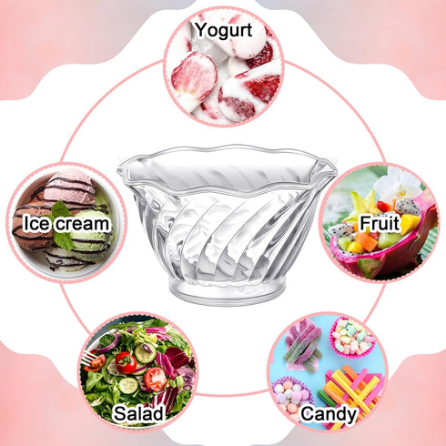 60 6 oz Rtteri Pcs Plastic Dessert Cups Clear Ice Cream Sundae Tasting Bowls, Mini Round Swirl Tulip Shape Party Buffet