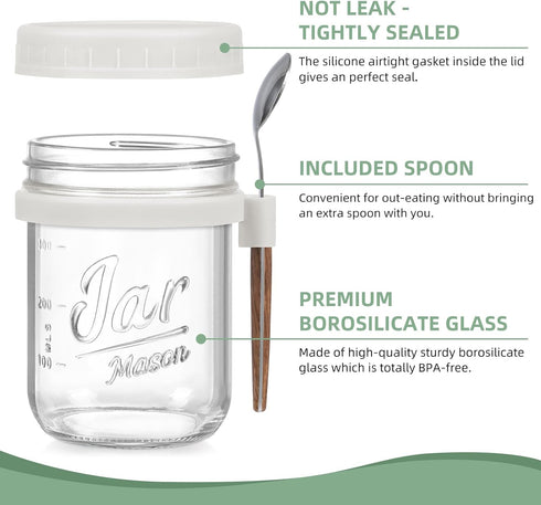4 Pack 16 oz Overnight Oats Containers with Lids and Spoons, Glass Mason Jars with Airtight Lids, Overnight Oats Jars
