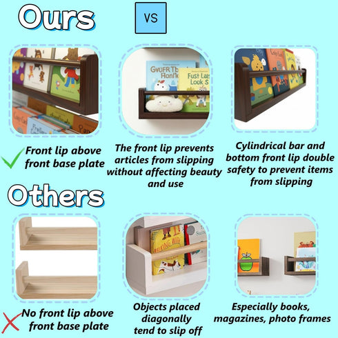 Set 3 16 Inch Deep Walnut Nursery Floating Shelves of Wall Mounted Kids Bookshelf & Toy Organizer Rustic Pine Hanging