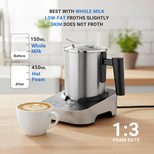 FUNLAVIE 4-in-1 400ml(13.5oz) Electric Milk Frother and Steamer, Stainless Steel Pitcher with Auto Shut-Off, Hot & Cold