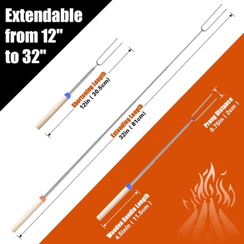 Briout Extendable Stainless Steel Roasting Sticks, 32 Inch Smores Sticks for Campfire, Hot Dog Fork, 10 Pack