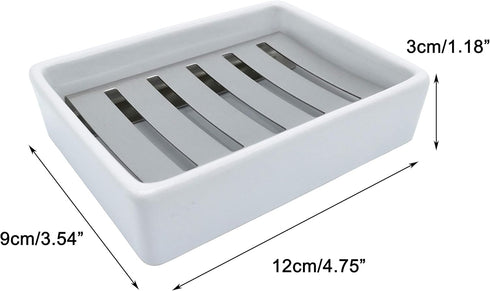Ceramic Soap Dish - Stainless Steel Soap Holder for Bathroom and Shower, Double Layer Draining Soap Box