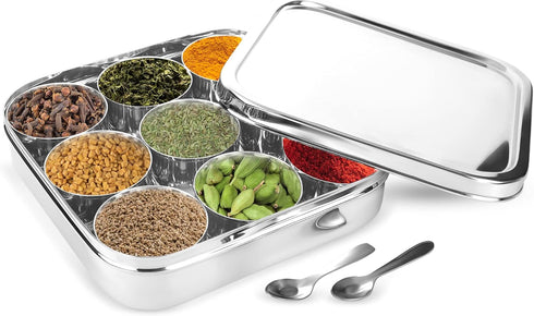 9 Set KSJONE Indian Spice Tin Stainless Steel Masala Dabba LARGE Curry Cooking Spice Tiffin Tin Box Kitchen Masala