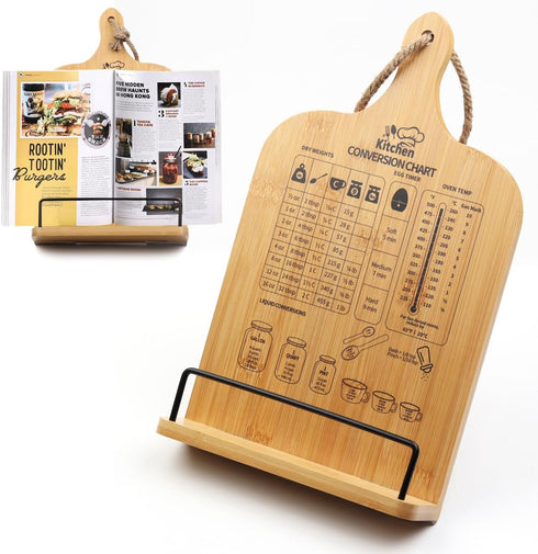 Cookbook Stand: Wooden Holder with Measurement Conversion Chart, Adjustable Recipe Book Stand