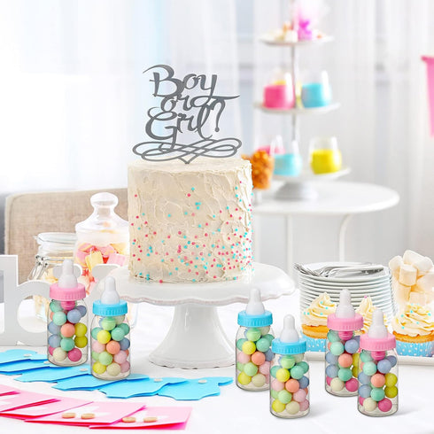 Sieral 16 Pack 4 Inch Candy Bottles for Baby Shower Mini Baby Bottle Gender Reveal Party Favors for Guests Blue Pink