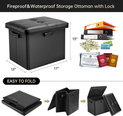 17 Inches DocSafe Storage Ottoman with Lock,Fireproof Folding Ottoman Foot Rest Stool Storage Chest with Storage Safe