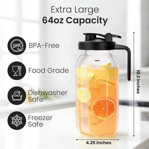 Veri Beond 64oz Outside,2 Lid,1/2 Mason Jar Pitcher - Airtight & Leakproof Glass Pitchers with Handle and Lid, Perfect