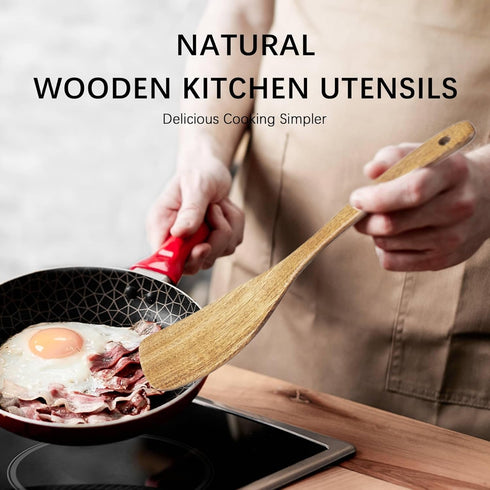 12.5inch Curved Wooden Spatula, Non-Scratch Wood Turner for Frying, Acacia Wooden Cooking Utensils for Non-Stick