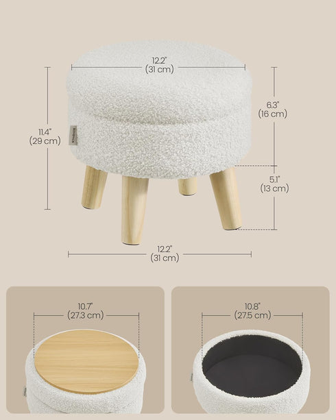 12.2 Inches, ULOM515WD01 SONGMICS Storage Ottoman, Foot Stool, Round Ottoman with Padded Seat, Foot Rest with Wood