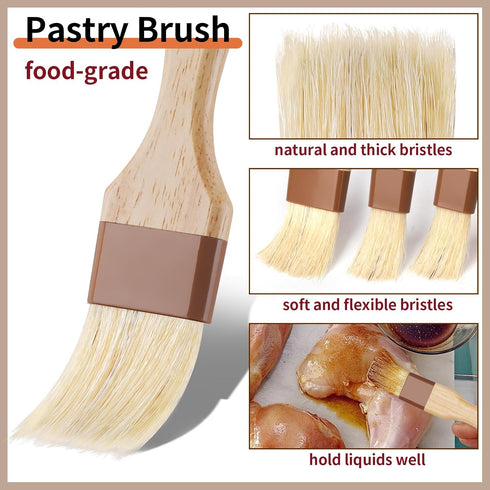 3 Pcs Natural Bristle Pastry Brush Set - Cooking, Food, Butter, and BBQ Brushes for Sauce and Baking
