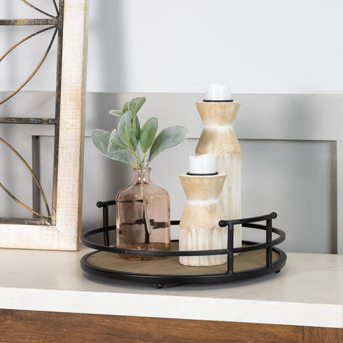 Stratton Home Decor Metal and Wood Round Tray | Wooden Coffee Table Tray Decor for Empty Table Surfaces | Decorative