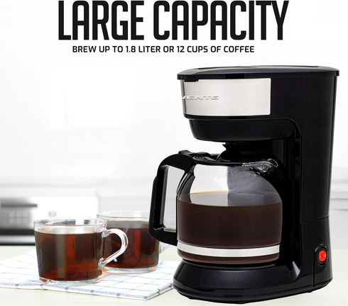OVENTE 12-Cup Drip Coffee Maker with Borosilicate Glass Carafe, One-Touch Operation, Anti-Drip System, Black CM412B