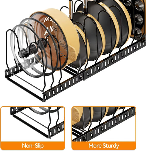 Expandable Pot and Pan Organizer Under Cabinet, Rack with 12 Size Dividers for Kitchen Cabinet and Pantry Storage