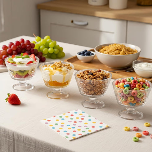 6 Pack Set, 9 oz ZOOFOX Glass Ice Cream Bowl Footed Fruit Parfait Cups, Embossed Design Glass Dessert Bowls for Sundae