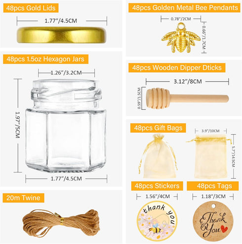 jars-1.5oz,48 GIVAMEIHF Mini Honey pcs Hexagon honey jars with dipper,gold cover,bee pendant,Gold Gift
