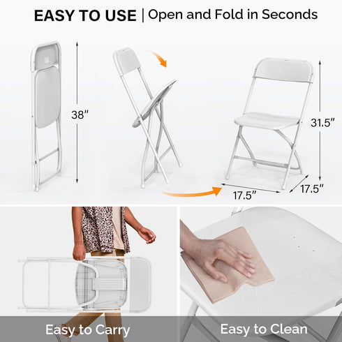 1 Pack Commercial 350lb. VINGLI White Plastic Folding Chair, Indoor Outdoor Portable Stackable Seat with Steel Frame