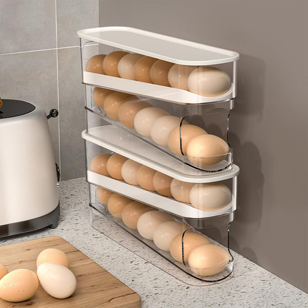 Auto Rolling Fridge Egg Organizer, Space Saving Eggs Dispenser with Lid, Egg Holder for Fridge 2 Pack