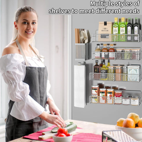 6 Pack Magnetic Spice Rack for Refrigerator, Metal Magnetic Shelf Grey, Moveable Spice Organizer, Strong Magnetic