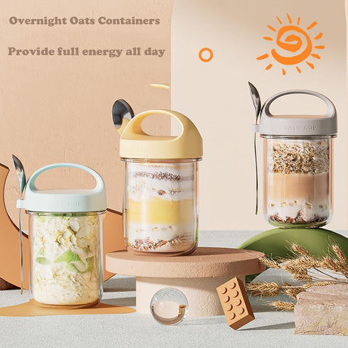 Povinmos 2Pack Handle,14 oz Overnight Oats Containers with Lids and Airtight Oatmeal Container,Mason Jars with Lid