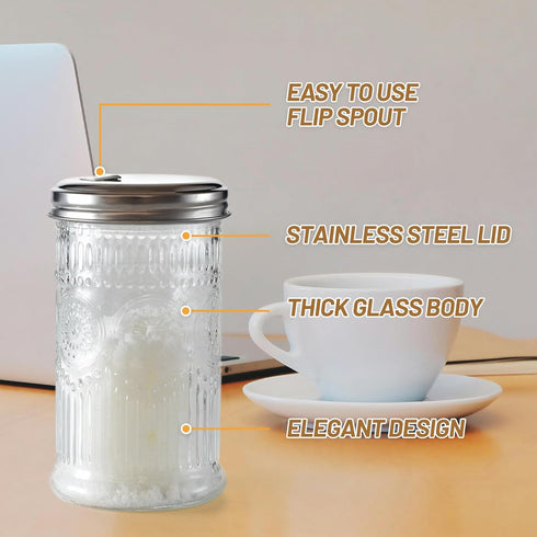 Wongblee 12oz, Glass Sugar Shaker Dispenser Stainless Steel Flip Top Lid for Easy Pouring, Sugar Pourer for Sugar