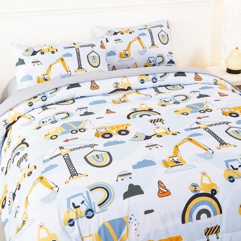 5 Set Set ANGIYUIN Pieces Construction Twin Size Comforter for Boys Kids Cartoon Car Excavator Tractor Bed in A Bag