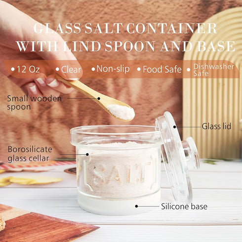Countertop 12oz Glass Salt Cellar with Lid Salt Container with Spoon for Embossed Pattern Salt Box for Storing Sea Salt