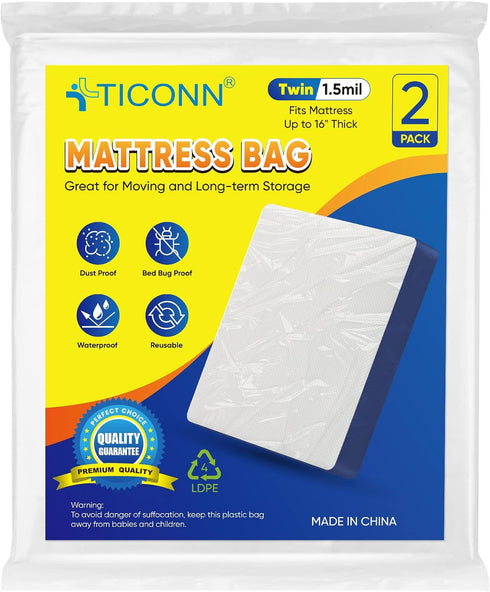 TICONN 2PK Plastic Mattress Bag for Moving, Heavy-duty Waterproof Mattress Protector Cover