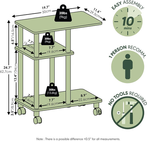 3-Tier Furinno Turn-N-Tube Side Table, C-Shape End Table with Wheels, Toolless Assembly Night Stand, Bedside Table