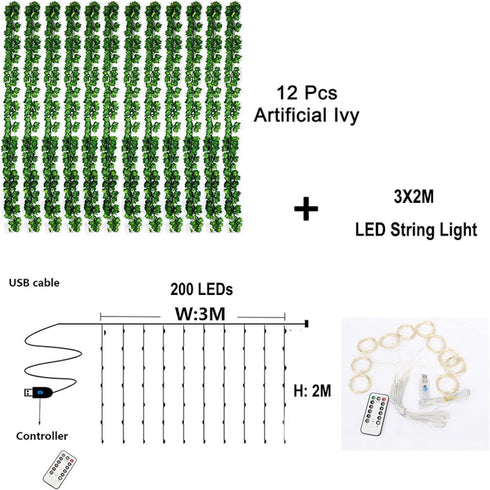 12 Packs 84FT 200 Artificial Ivy, Garland Hanging Plants Fake Vines with LED String Light for Bedroom Wedding Party
