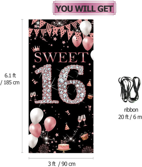 Sweet 16 Birthday Door Banner Backdrop, Happy 16th Birthday Decorations for Girls, Rose Gold, 6.1ft x 3ft