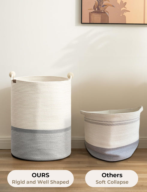 StorageWorks 72L Cotton Rope Laundry Basket with Wooden Beads Handles, Woven Storage for Dirty Clothes, White & Grey
