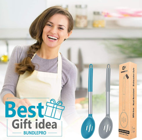 Pack of 2 Large Silicone Slotted Spoon - Kitchen Skimmer with High Heat Resistant BPA Free Non Stick Cooking Ladle