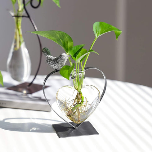 Bulb Marbrasse Desktop Glass Vase, Glass Vases for Holder, Creative Bird with Heart Planter Vase, Plant Terrarium Metal