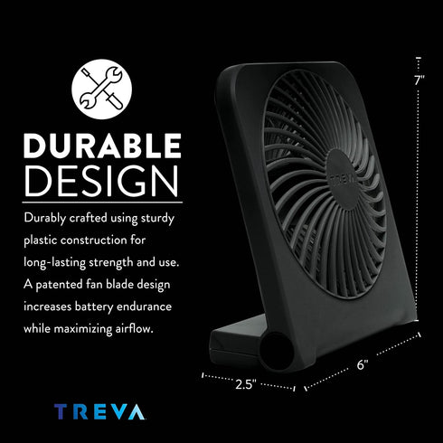 Treva 5-Inch USB & Battery Powered Desk Fan, Two Cooling Speeds, Adjustable Tilt, Durable Small Fan for Cubicle (Black)