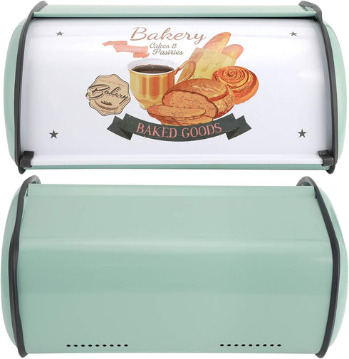 Roll Top Bread Box for Kitchen Counter, Metal Bread Bin Retro Food Storage Container, 13"x9.4"x5.9" (Green)
