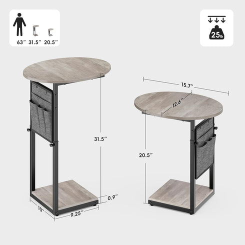 32" Vagusicc C Shaped End Table, Adjustable Height Small Side Table for Couch and Recliner, Tall Couch Side Table Slide