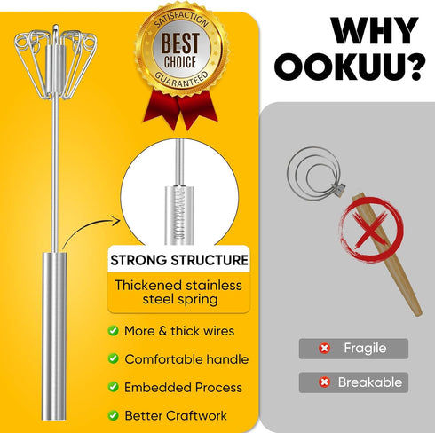 OOKUU Stainless Steel Egg Whisk - Whizzy Whisk, Semi-Automatic Blender for Blending, Whisking, Beating (2Pack 12in)