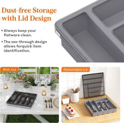 Lifewit Silverware Organizer with Lid, Covered Utensil Tray for Kitchen Drawer and Countertop, Plastic Cutlery and Flatware Storage Box for Spoons Forks Knives Holder Case, 6 Compartments, Gray by Lifewit