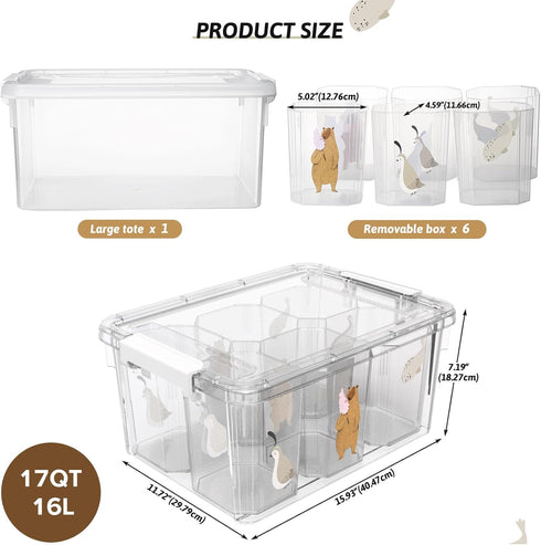 17QT 1 Pack (1 Pack) loobuu Plastic Storage Bins with Lids - Art Craft Supply Organizer Box with Brush Pot for Kids