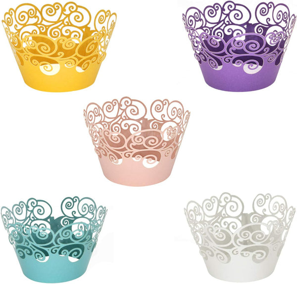 KPOSIYA 100 Pack Cupcake Wrappers in 5 Colors - Filigree Artistic Bake Cake Paper Cup for Wedding Party Decoration
