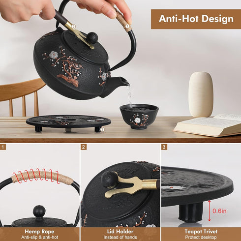 4 Set Japanese Style Cast Iron Teapot with Tea Cups Trivet Tetsubin Tea Kettle with Infuser Chinese Tea for Adults Iron