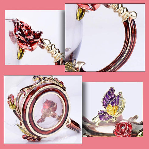 Kaiyuan Dynasty Tea Cup Set - 12oz Glass Coffee Mugs with Enamel Rose Flower Butterfly and Spoon for Birthday Wedding